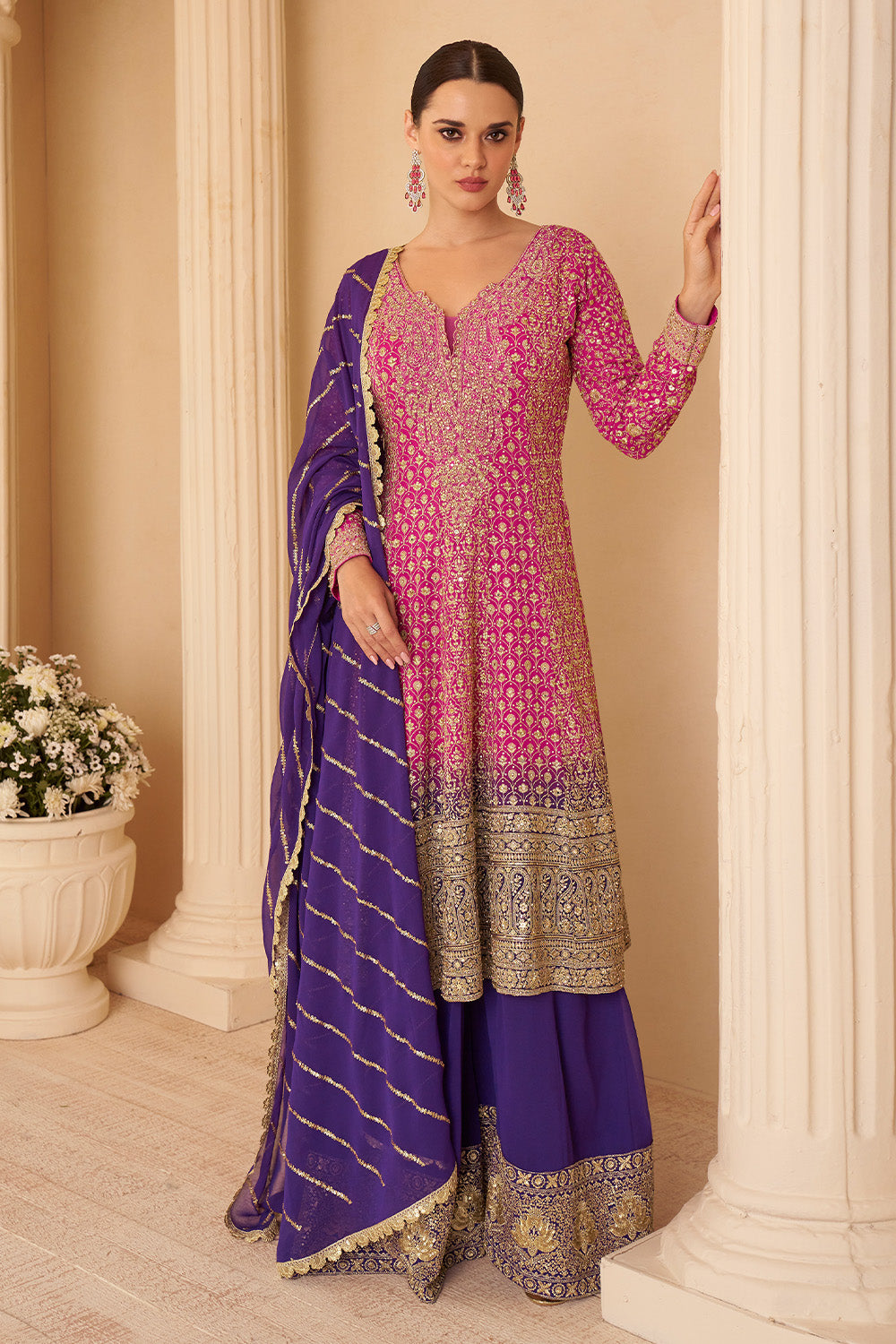 Magenta Pink & Violet Georgette Zari And Sequins Embroidered Suit With Embroidered Palazzo