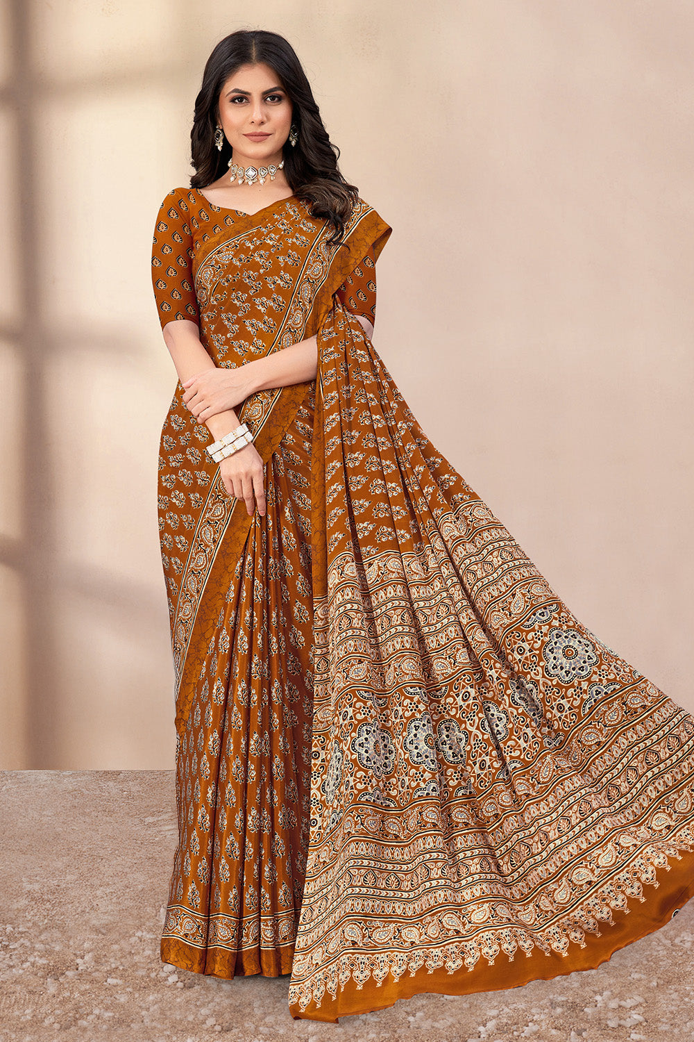 Brown Soft Georgette Floral Printed Saree