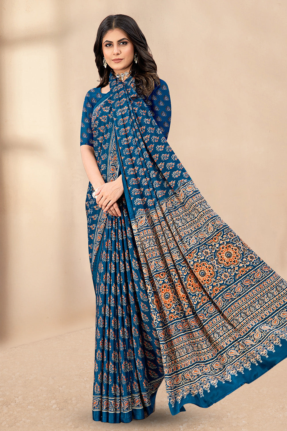 Navy Soft Georgette Floral Printed Saree
