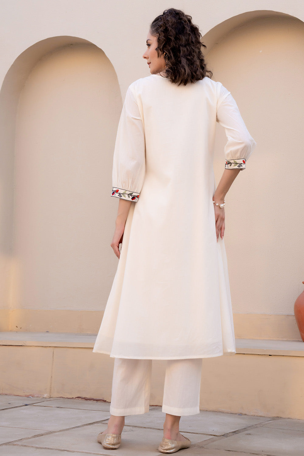 Cream Color Cotton Embroidered Kurta Set