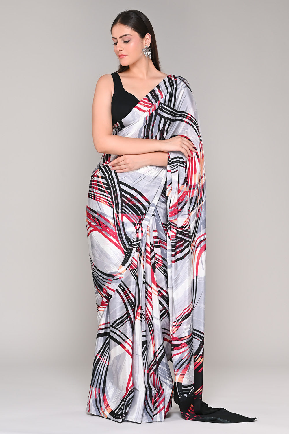 Grey Color Abstract Printed Crepe Saree