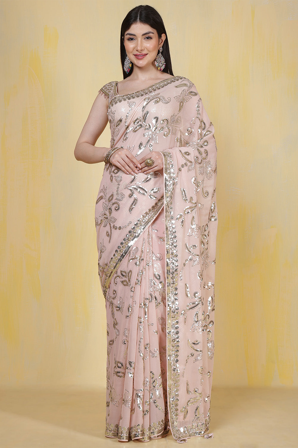 Dusty Pink Sequins Embroidered Georgette Saree