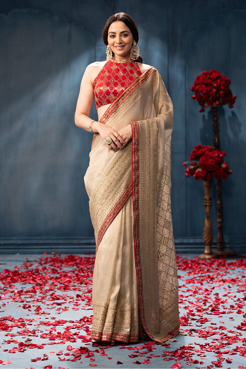 Beige Pure Metallic Tissue Sequins And Zari Embroidered Saree