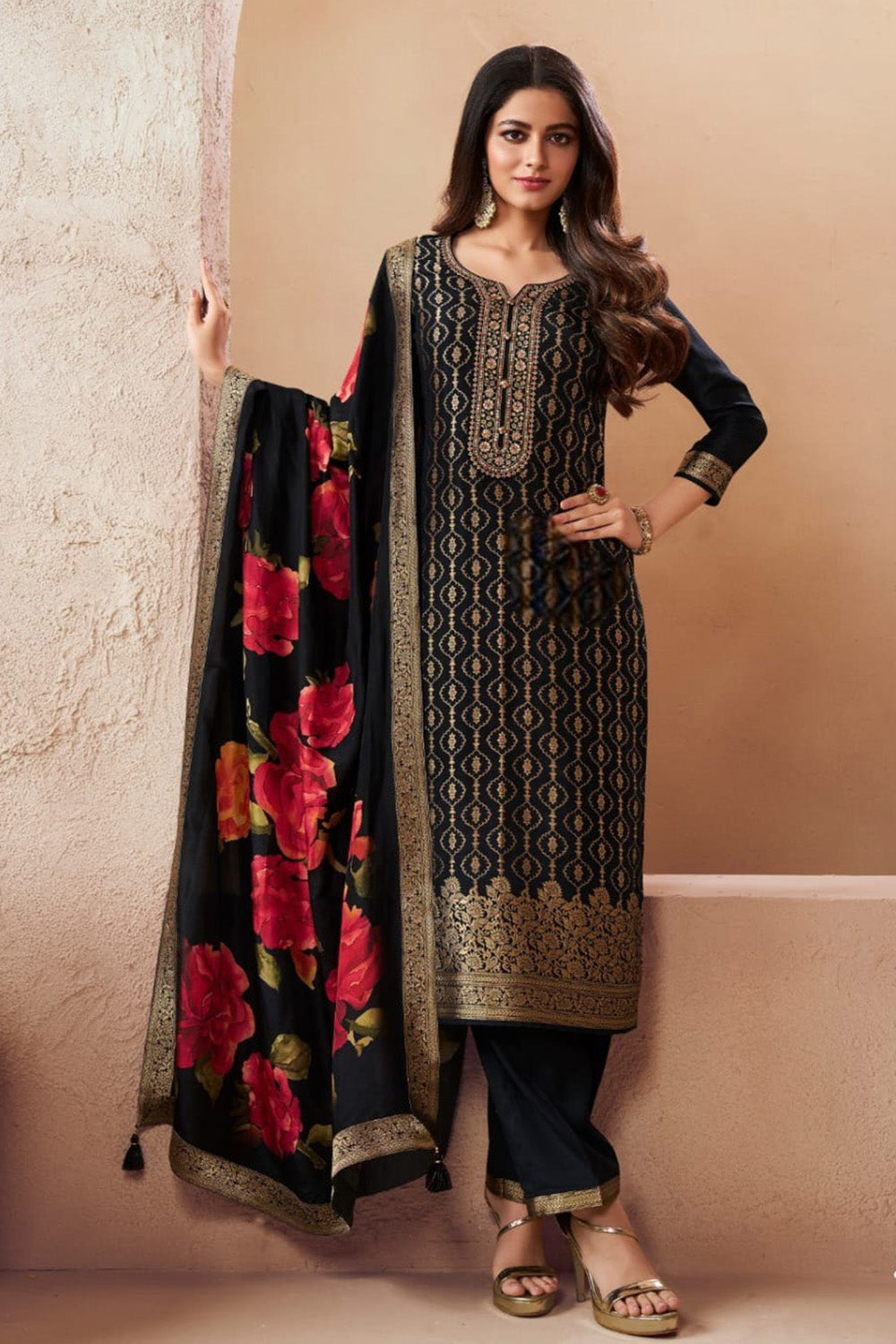 Black Zari Woven & Embroidered Silk Suit