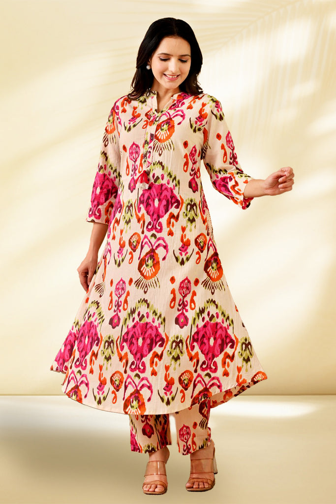 Cream & Magenta Color Printed Kurta Set