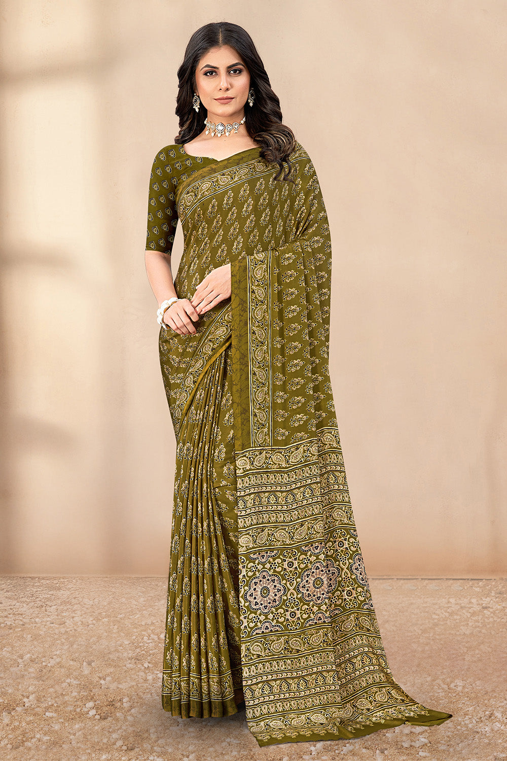 Sage Green Soft Georgette Floral Printed Saree