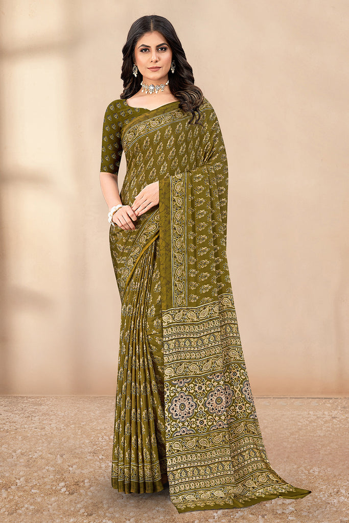 Sage Green Soft Georgette Floral Printed Saree