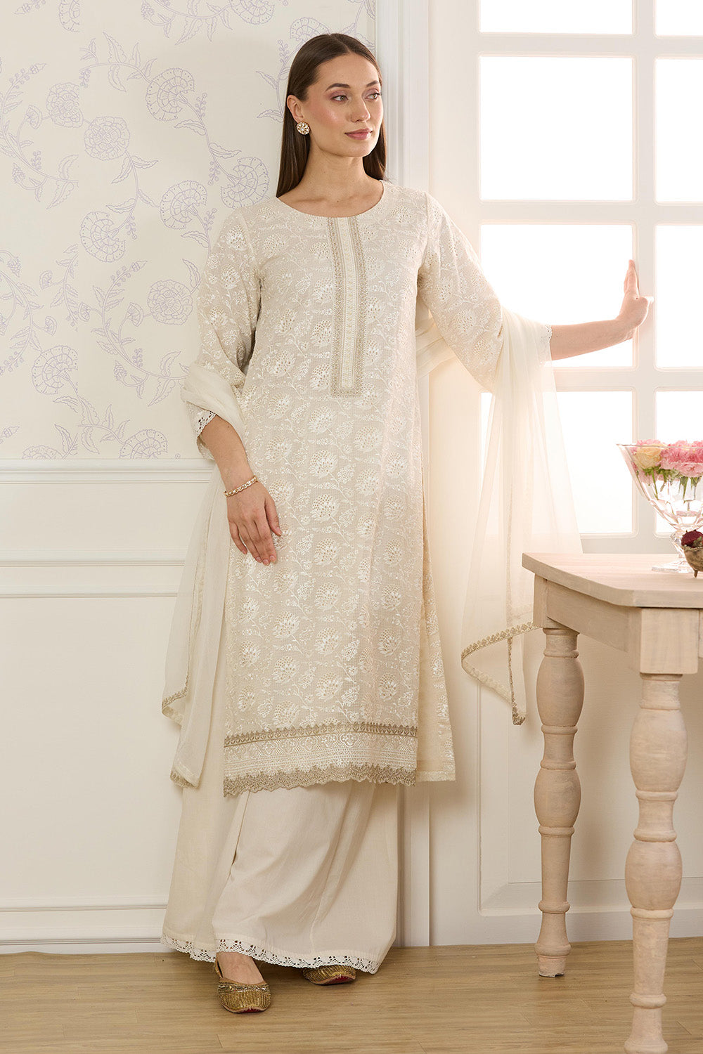 Cream Kota Cotton ChikanKari Unstitched Suit Material