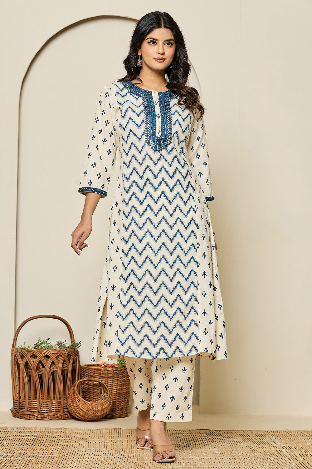 Cream & Navy Color Khadi Cotton Printed Kurta Set