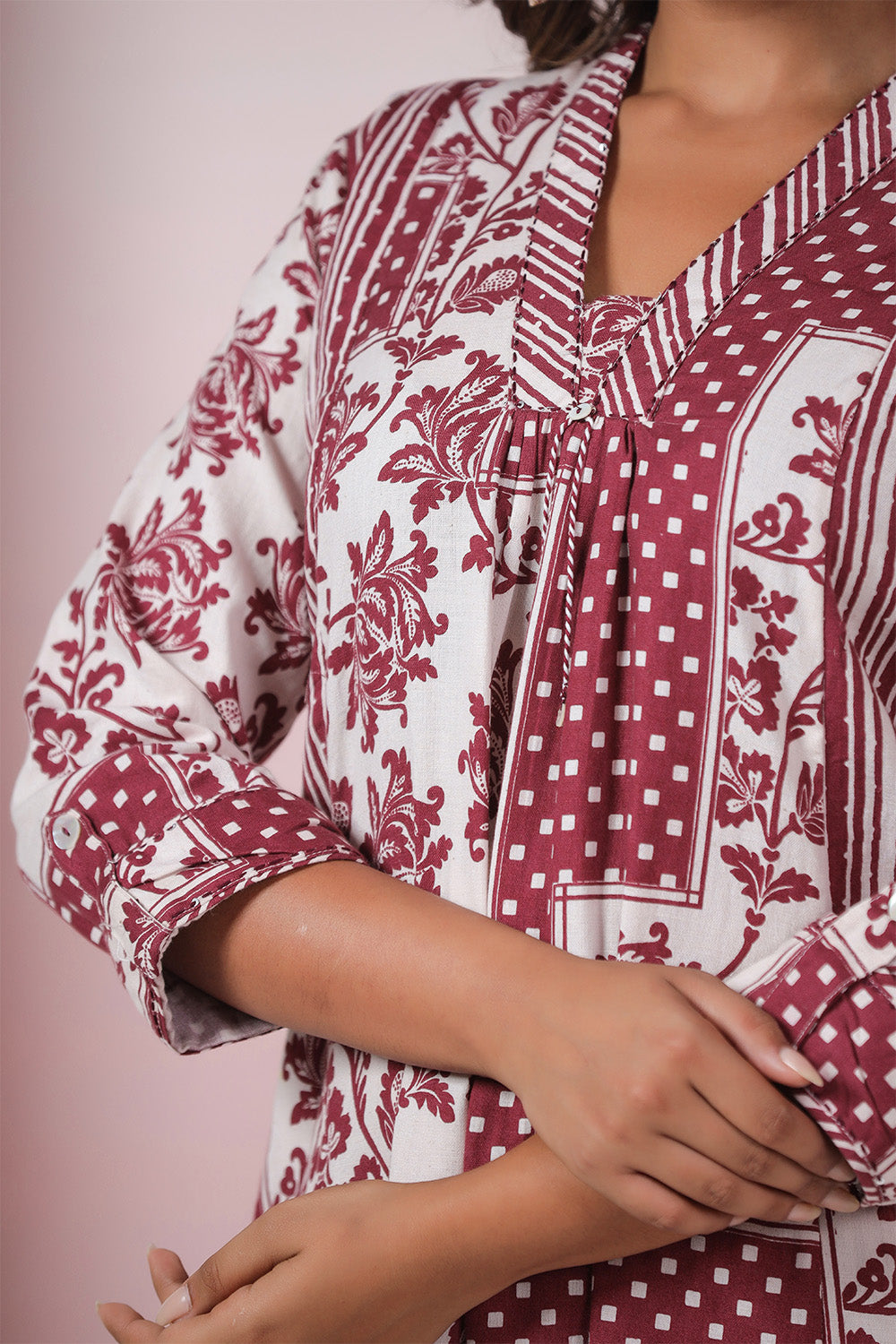 Maroon & Cream Color Cotton Printed Co_ord Set