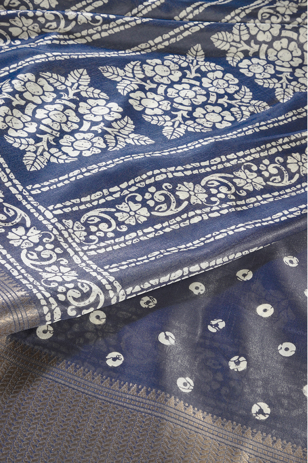 Navy Color Cotton Silk Block Printed Saree