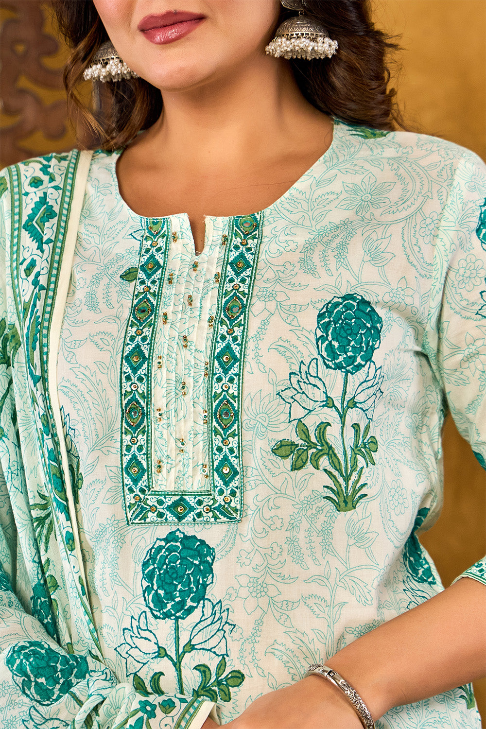 Teal Floral Printed Straight Suit Set