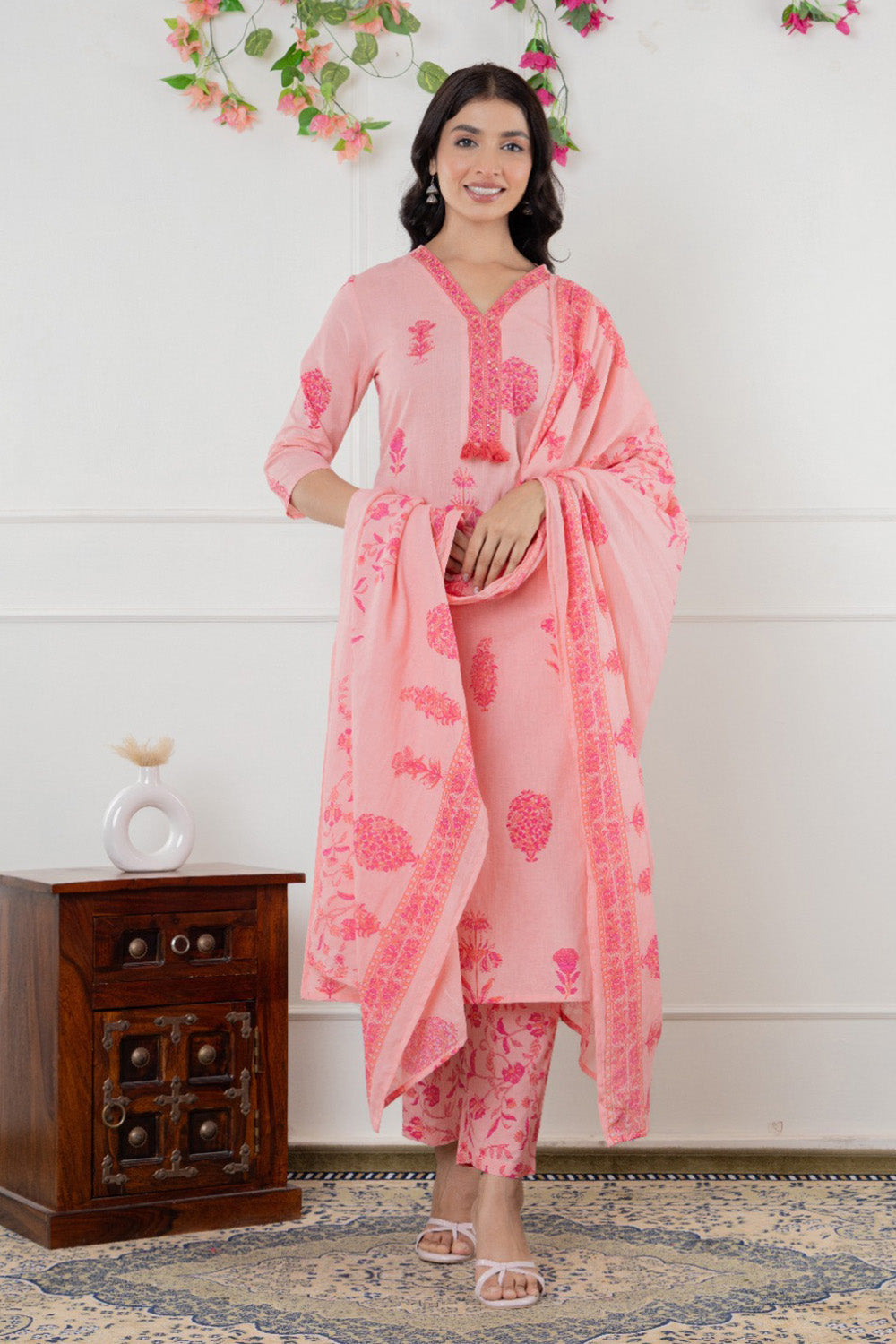 Baby Pink Cotton Floral Printed Suit Set