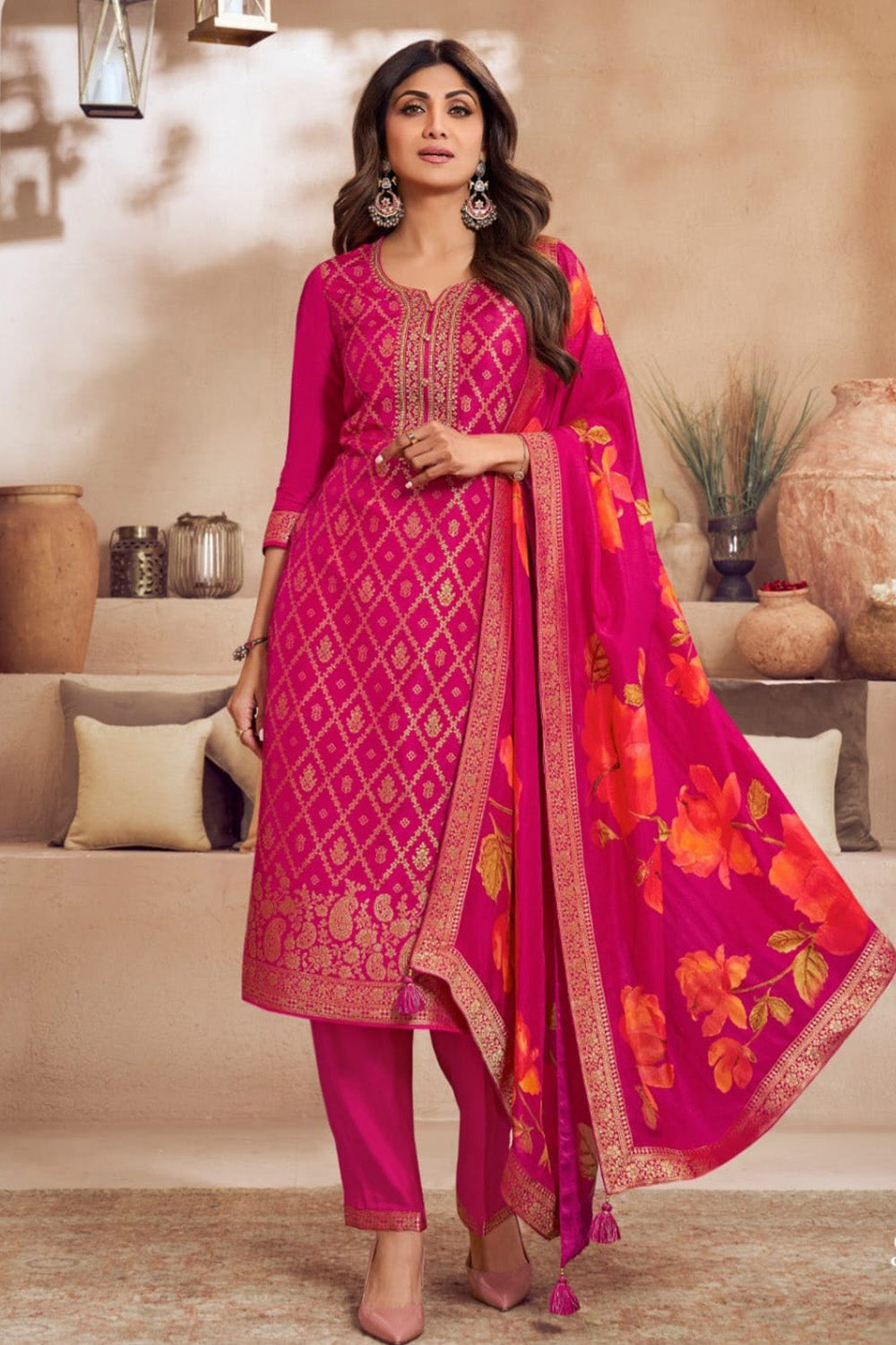 Dark Hot Pink Silk Zari Woven & Embroidered Suit