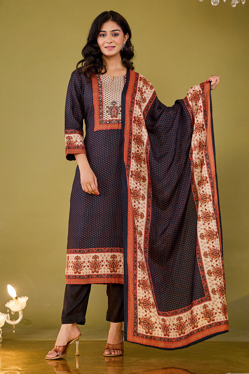 Black Crepe Silk Printed Straight Suit