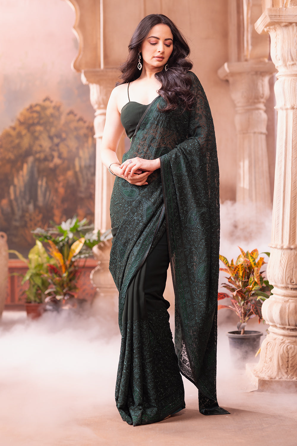 Green Georgette Resham And Swaroski Embroidered Saree