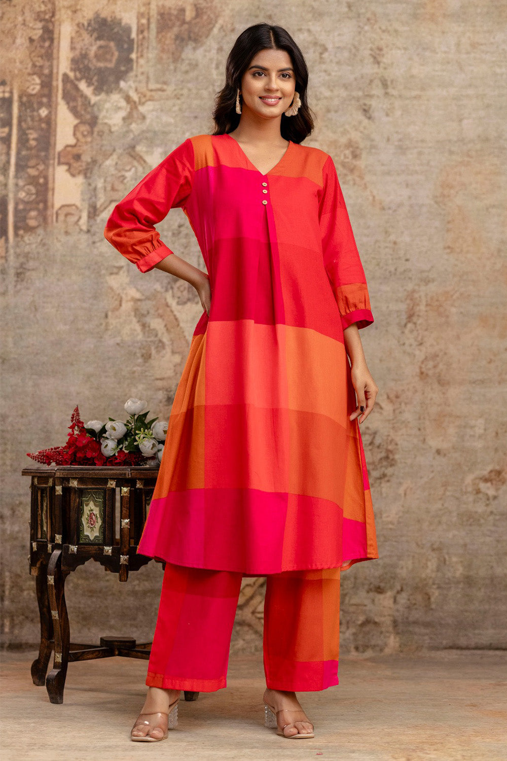 Magenta Cotton Printed Kurta Set
