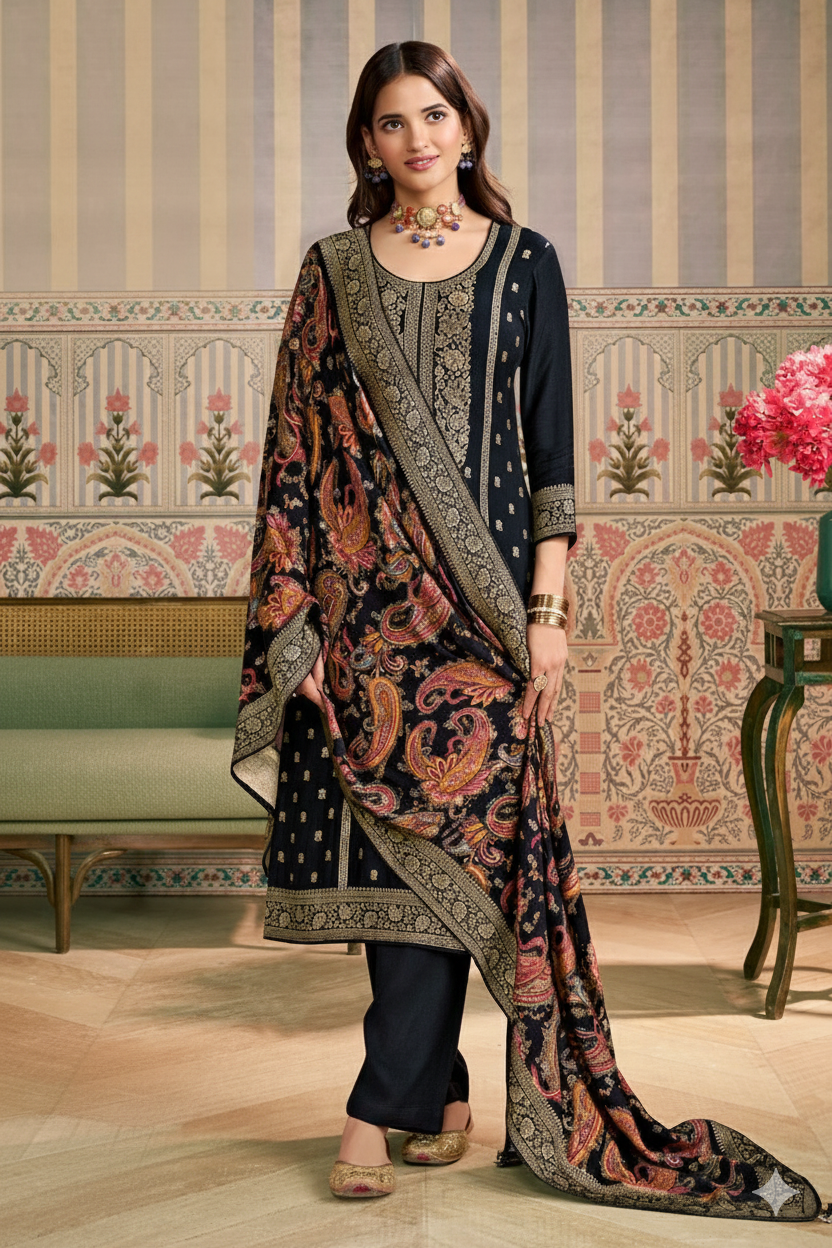 Black Color Pashmina Woven Unstitched Suit Material