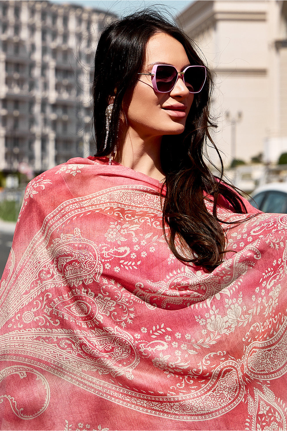 Coral Pink Rayon Cotton Embroidered Unstitched Suit Material