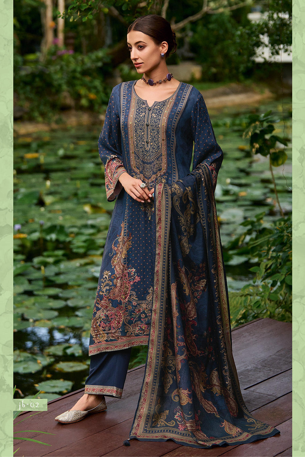 Navy Printed Spun Unstitched Suit Fabric