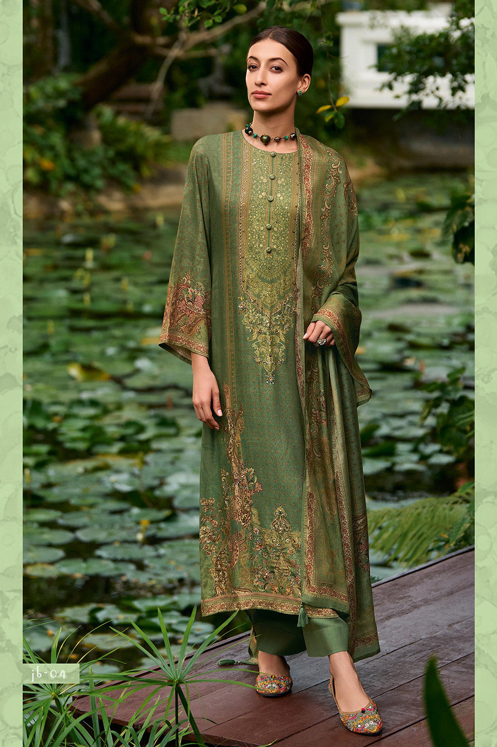 Green Printed Spun Unstitched Suit Fabric