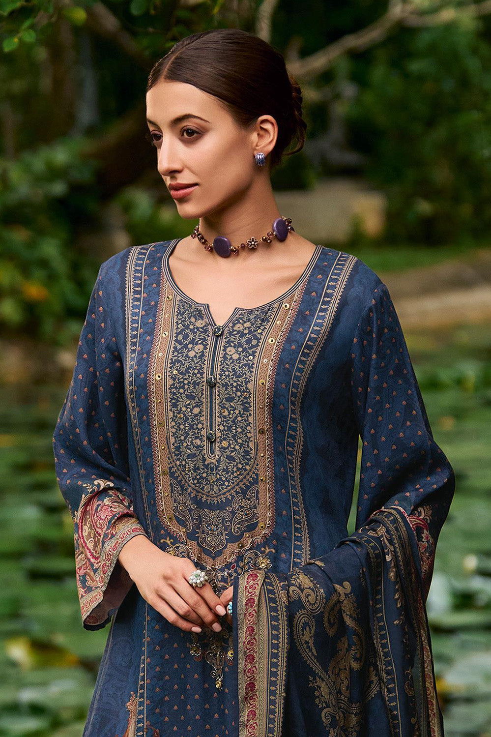 Navy Printed Spun Unstitched Suit Fabric