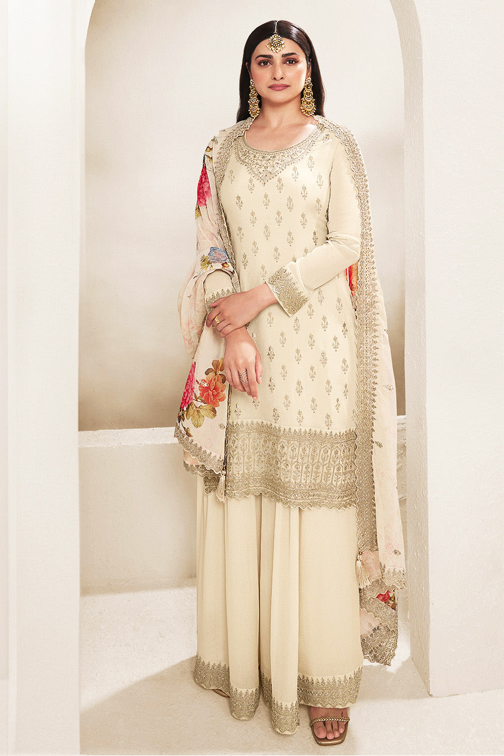 Cream Color Georgette Embroidered Unstitched Suit Material With Palazz