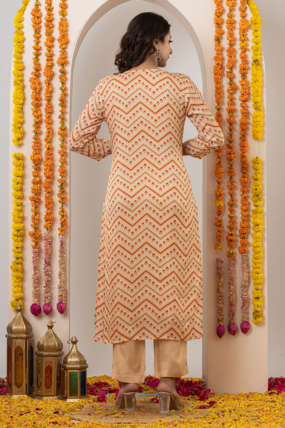 Beige Crepe Silk Printed Suit Set