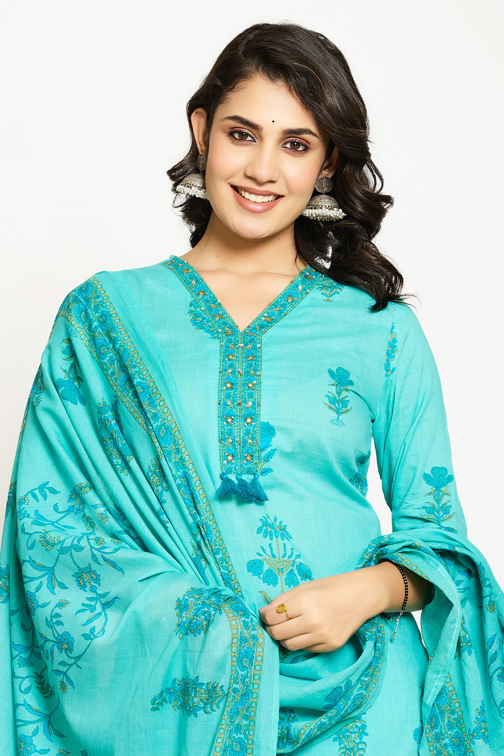 Turquoise Blue Cotton Floral Printed Suit Set