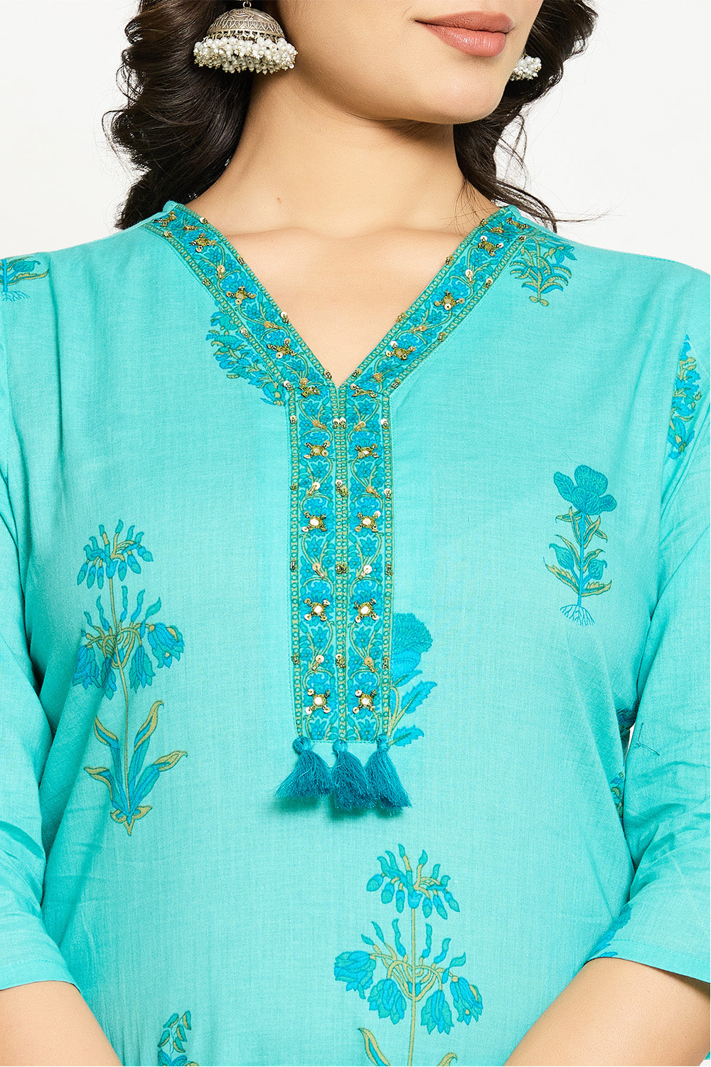 Turquoise Blue Cotton Floral Printed Suit Set