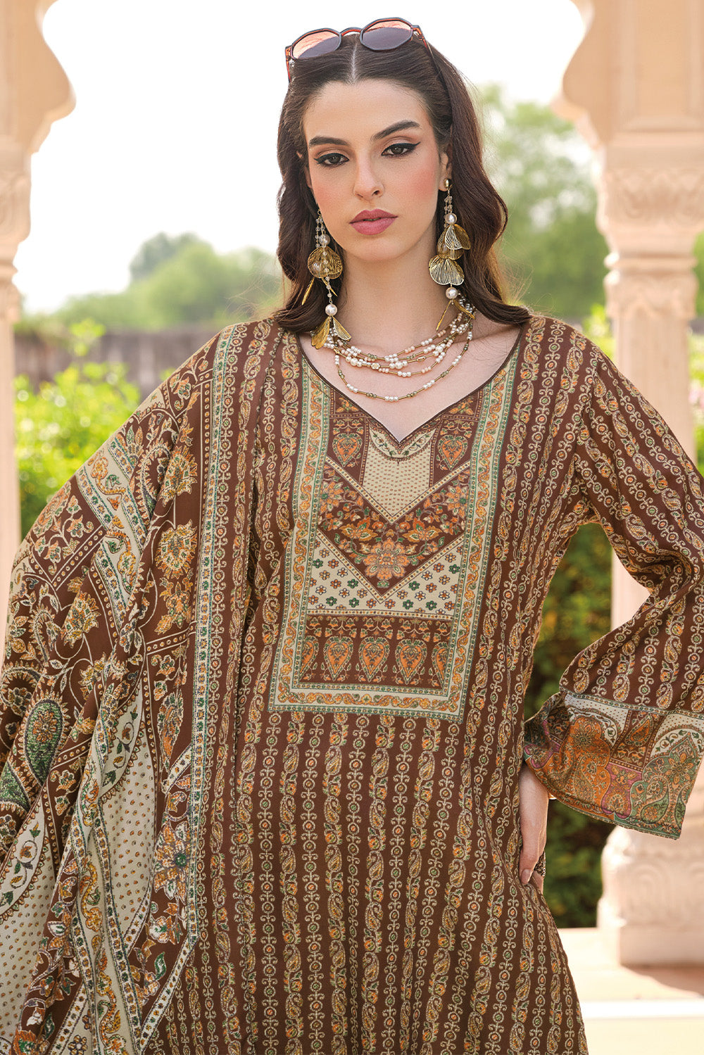 Brown Spun Mughal-Inspired Paisley Printed Unstitched Suits Material