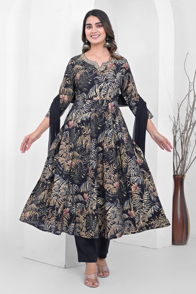Black Floral Printed Muslin Anarkali Suit