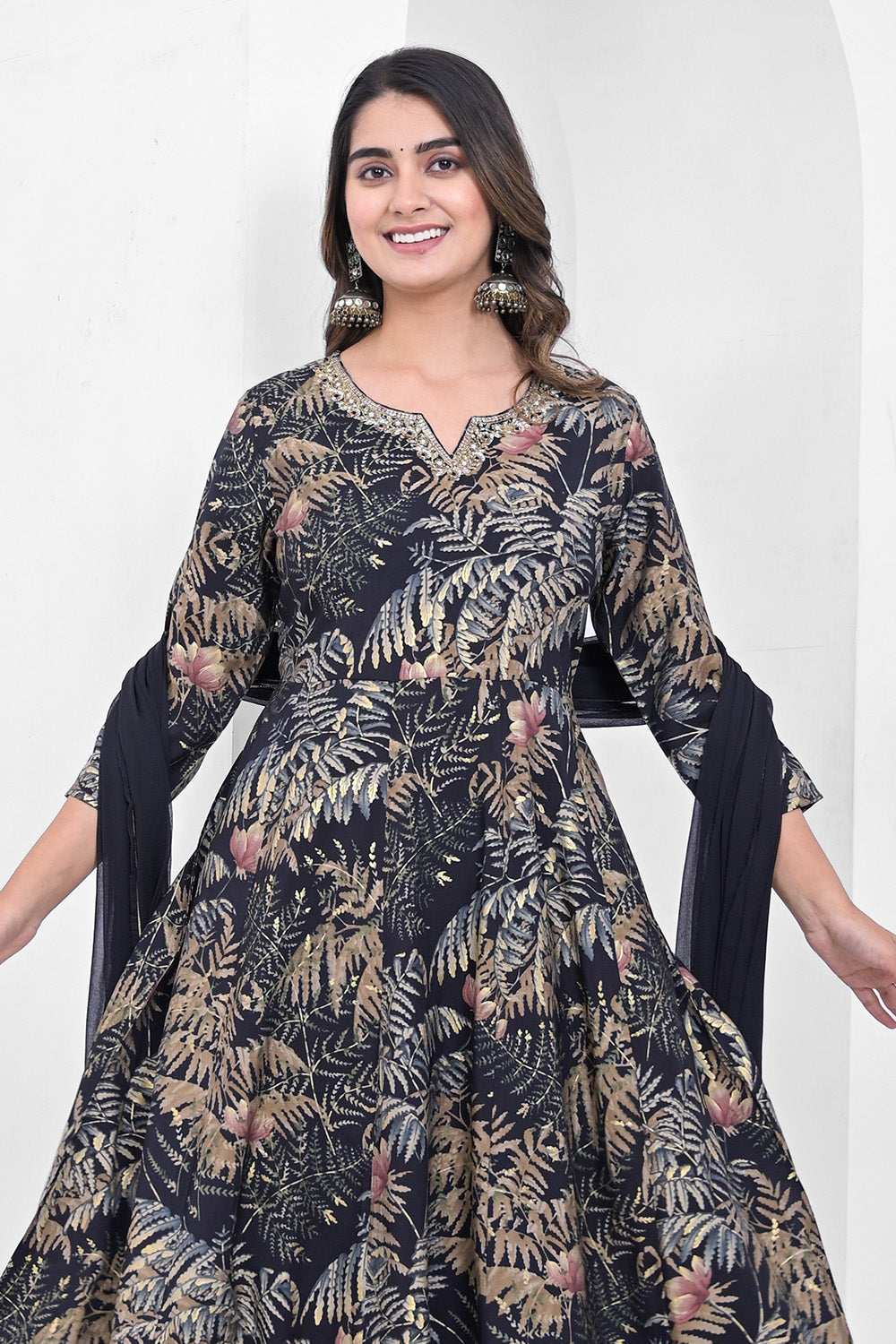 Black Floral Printed Muslin Anarkali Suit