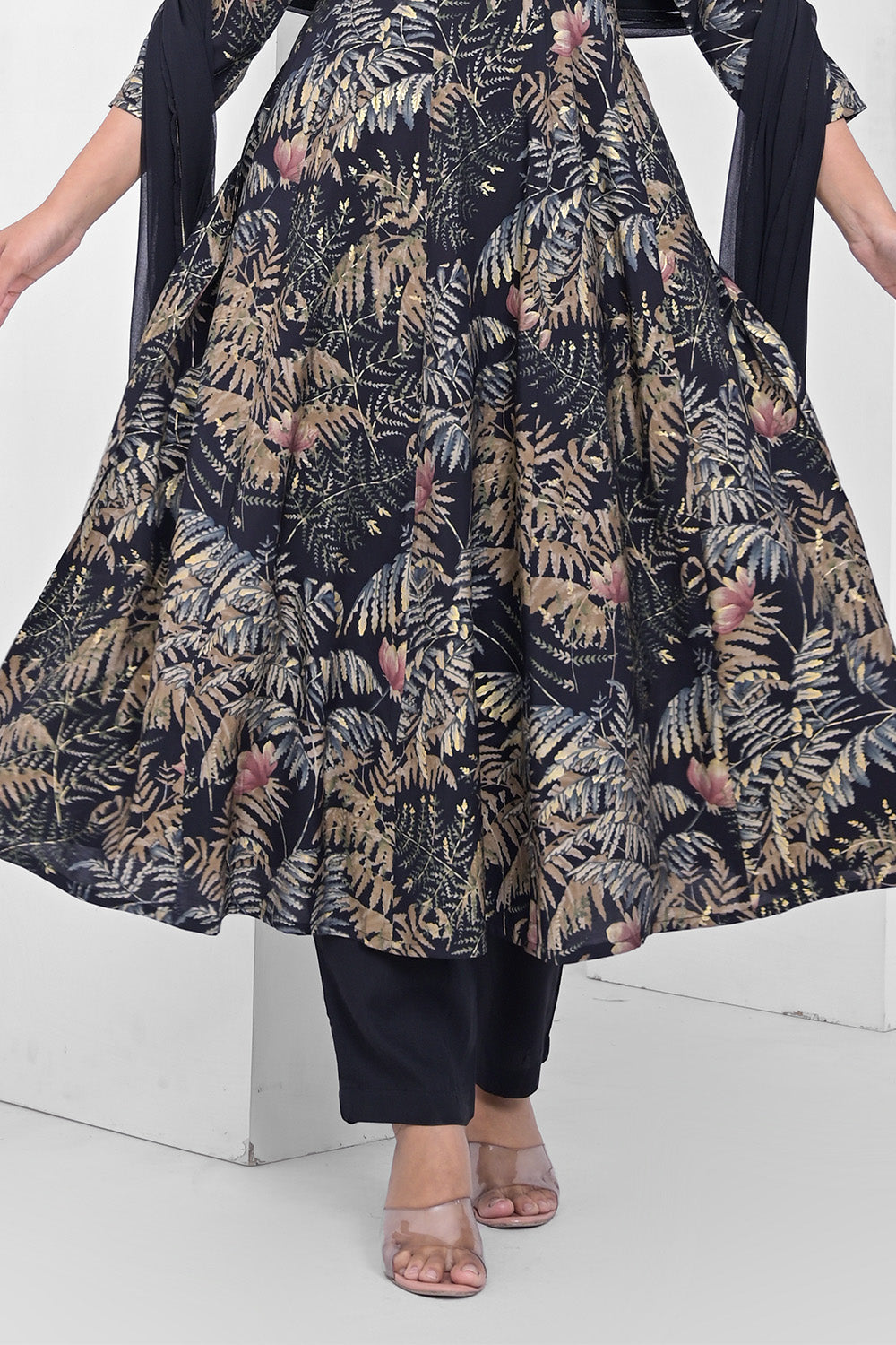 Black Floral Printed Muslin Anarkali Suit