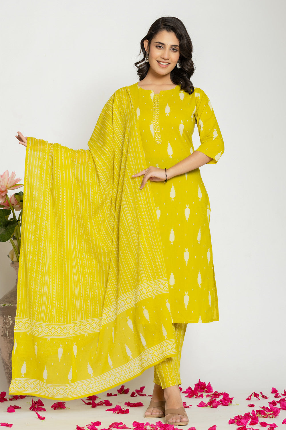 Lemon Cotton Printed Straight Suit