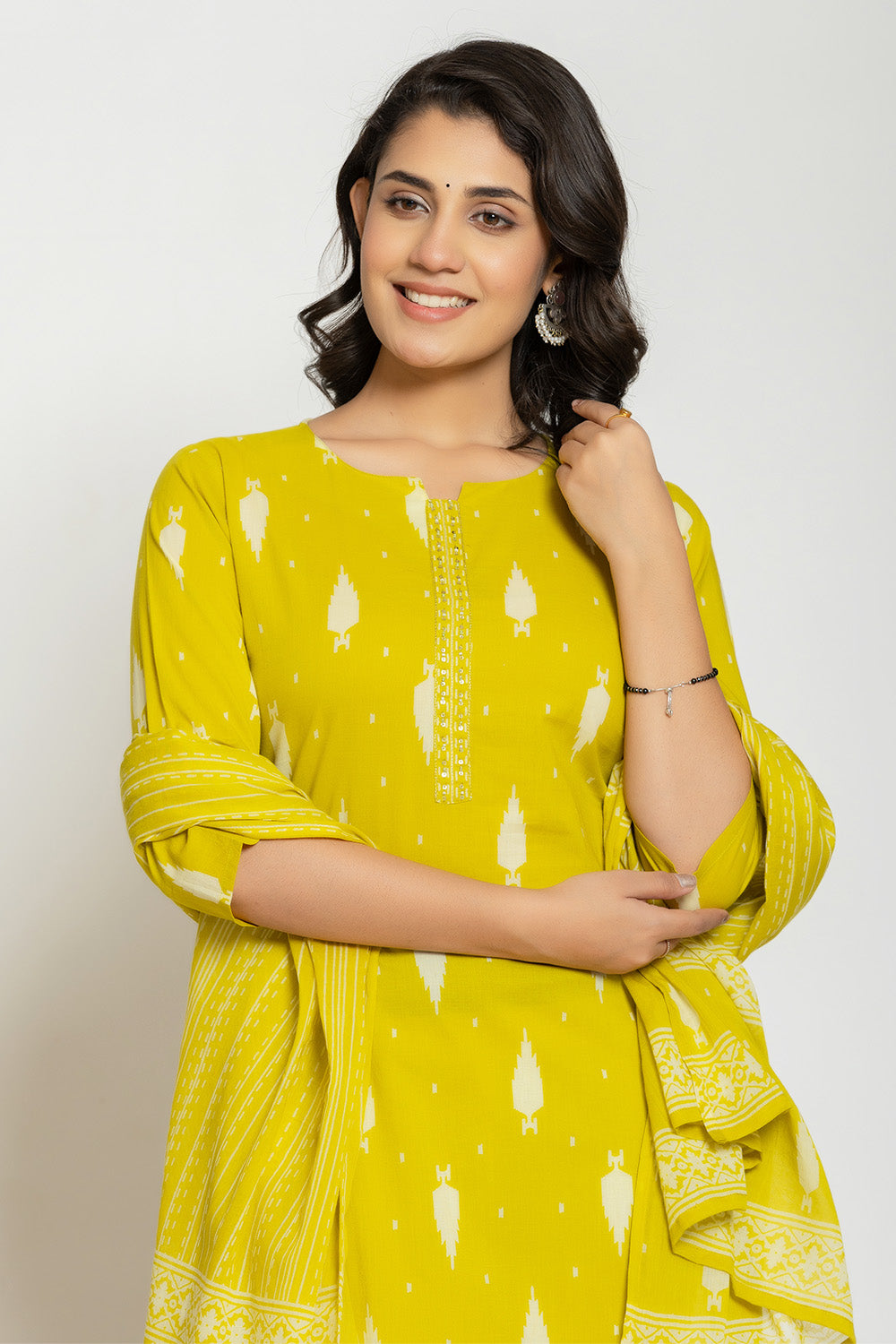 Lemon Cotton Printed Straight Suit