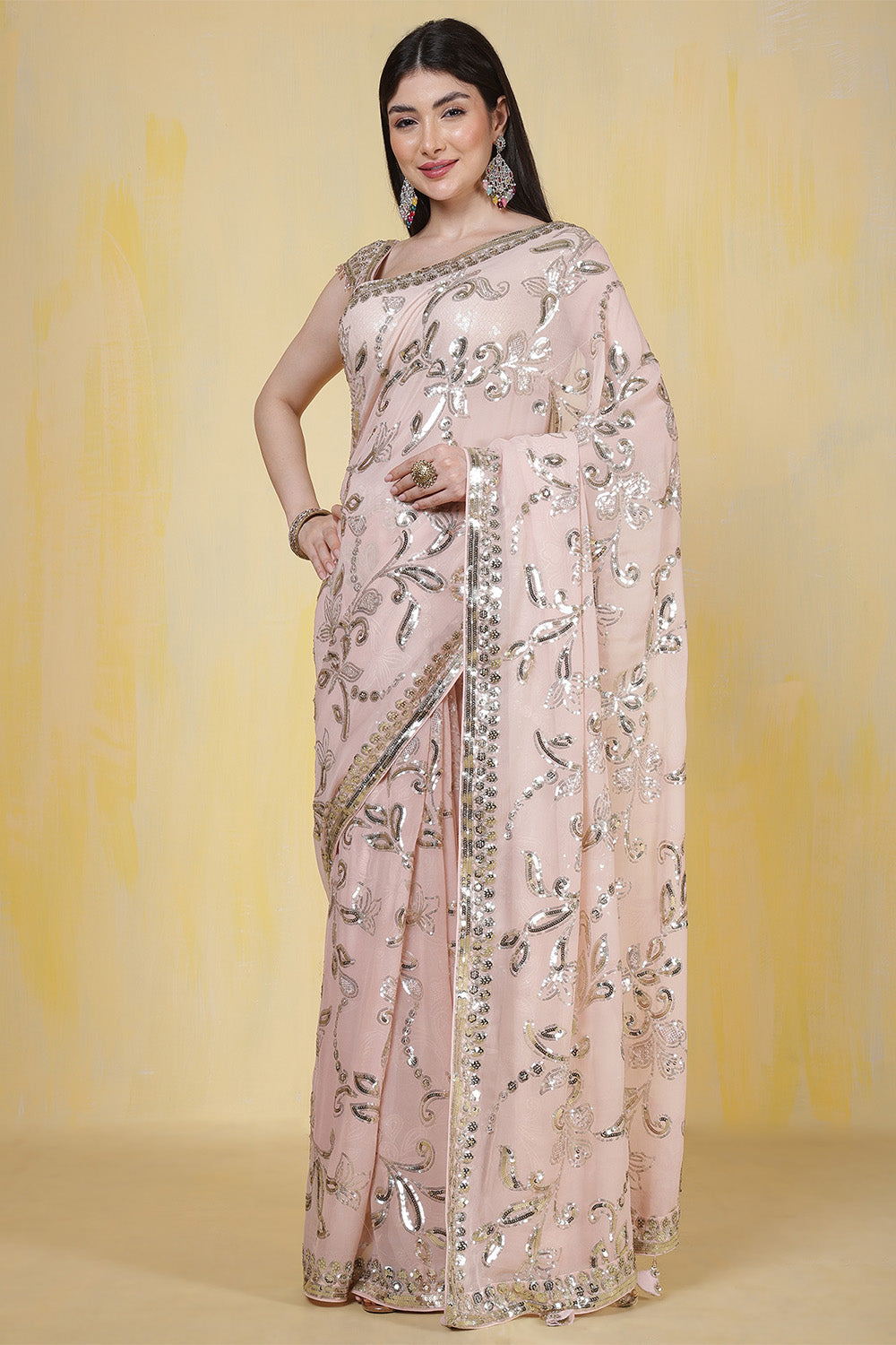 Dusty Pink Sequins Embroidered Georgette Saree