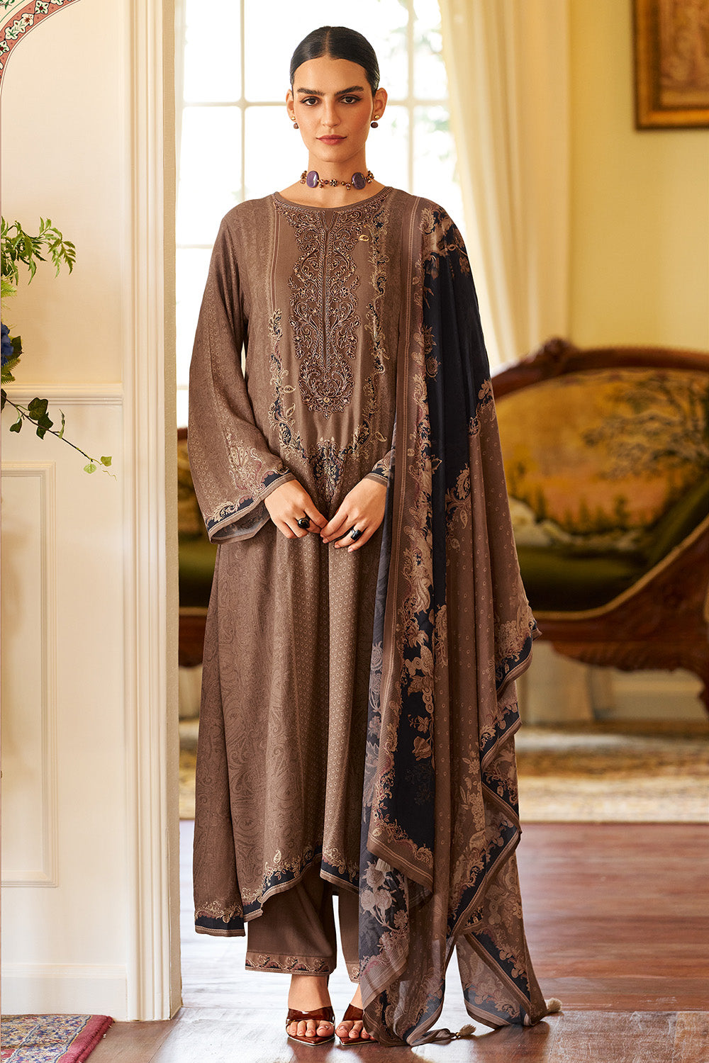 Brown Spun Printed and Embroidered Unstitched Suit Material