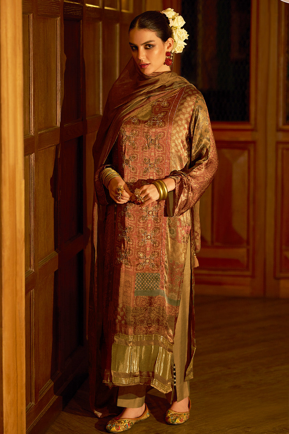 Brown Spun Printed Unstitched Suit Material