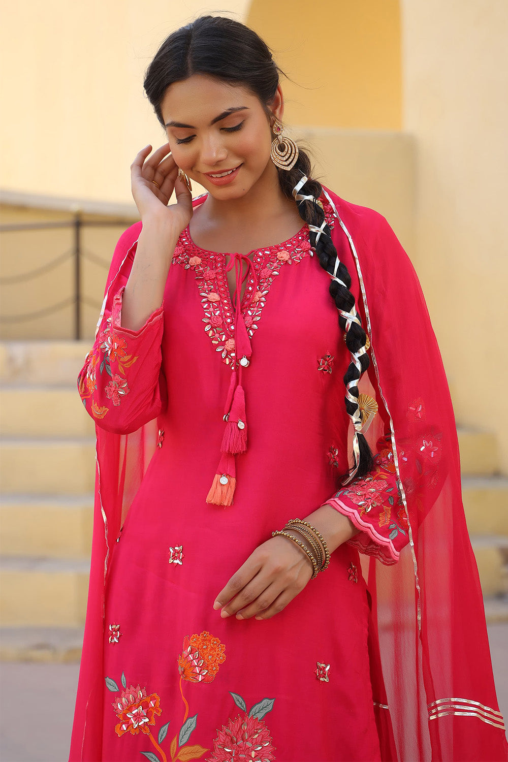 Hot Pink Color Muslin Embroidered & Floral Printed Kurta Set With Stitched Skirt