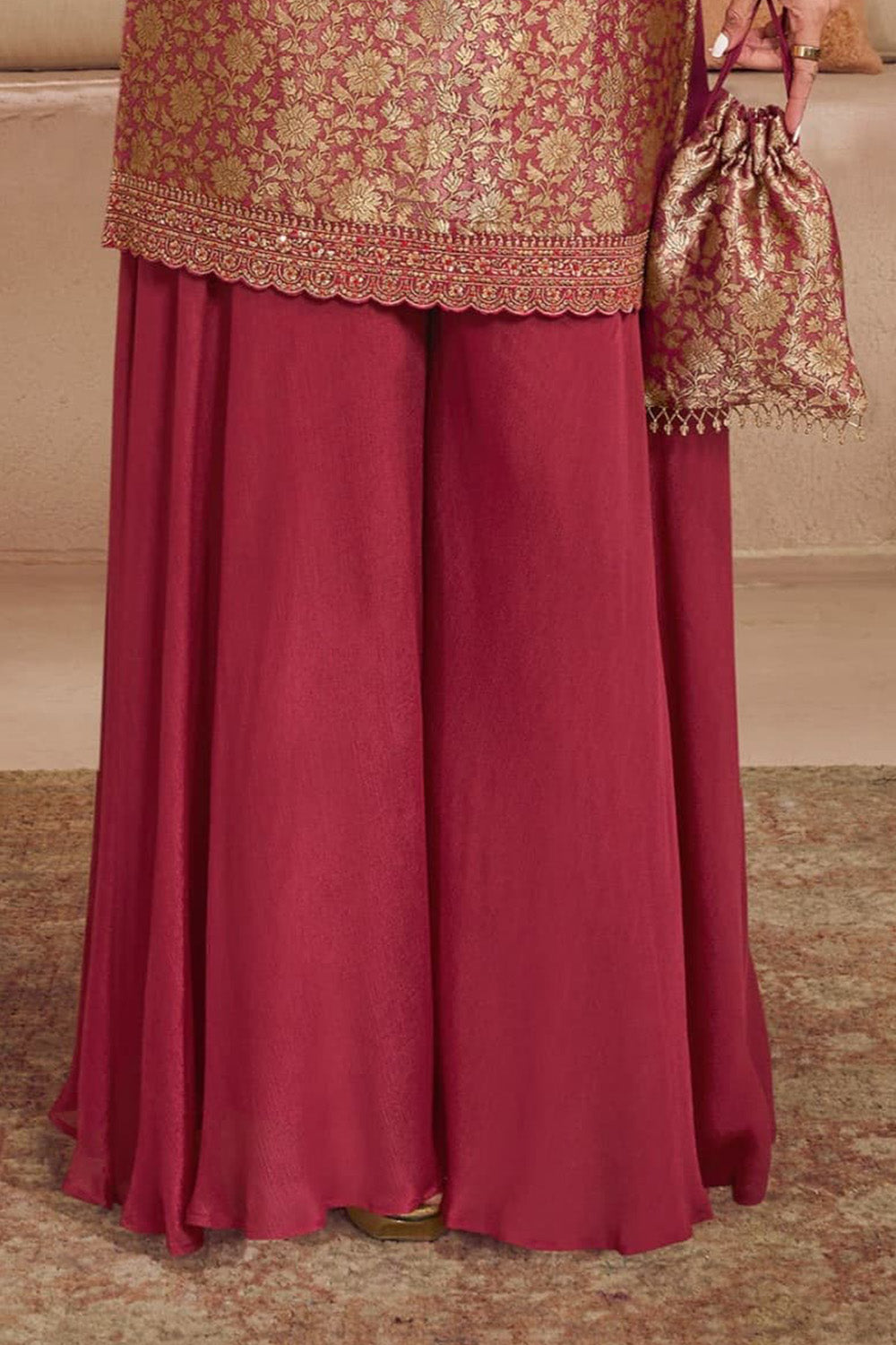 Maroon Silk Woven and Neck-Embroidered Suit With Palazzo