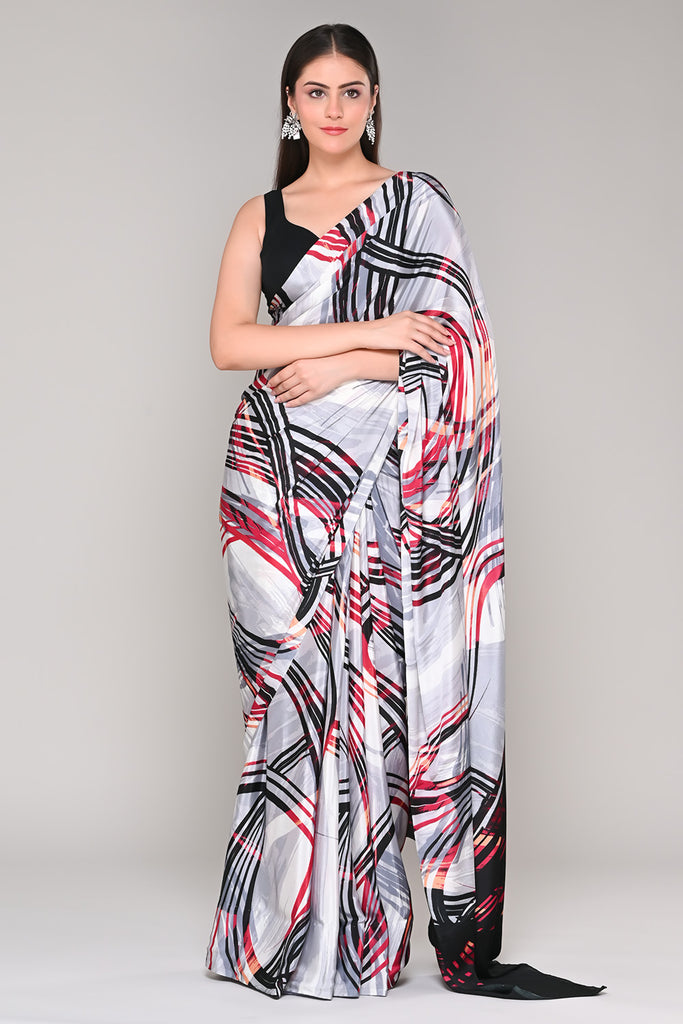 Grey Color Abstract Printed Crepe Saree