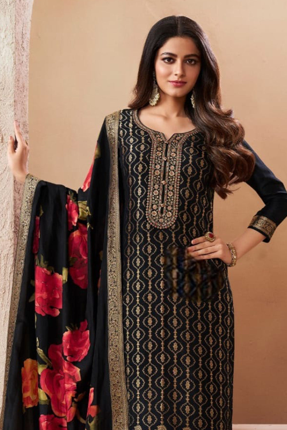 Black Zari Woven & Embroidered Silk Suit