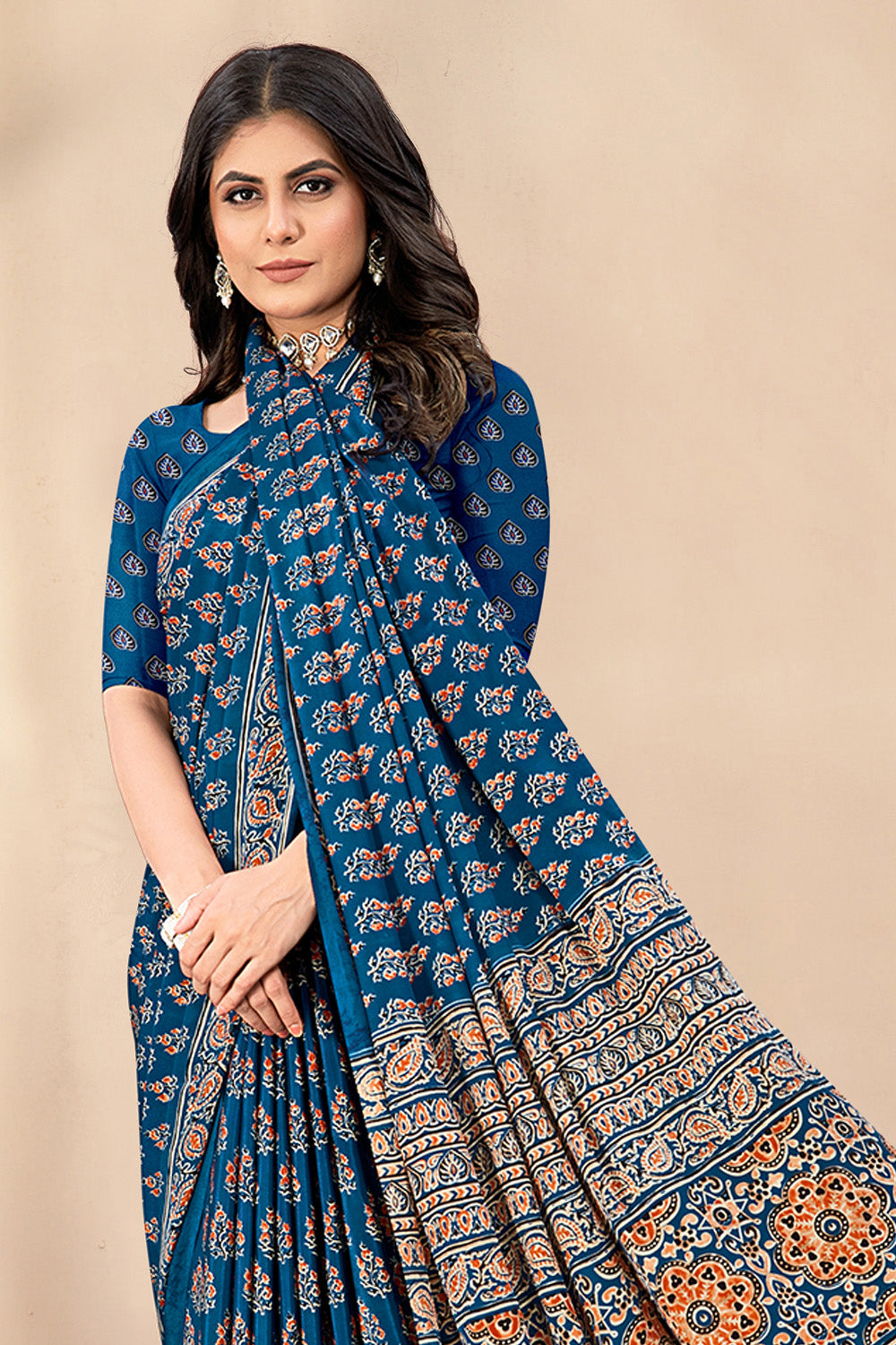 Navy Soft Georgette Floral Printed Saree