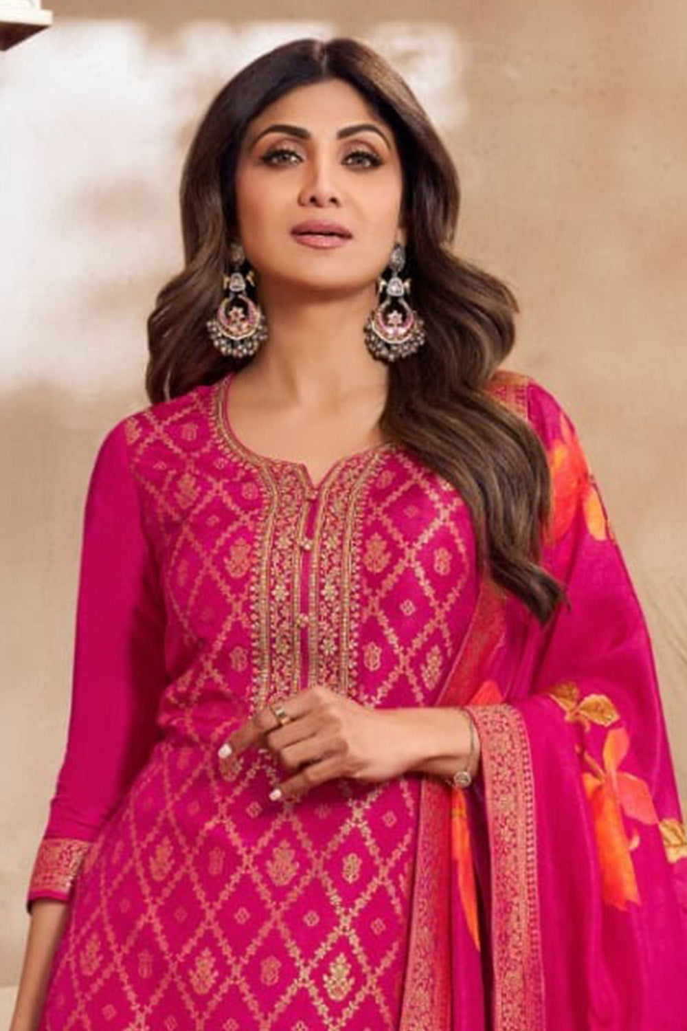 Dark Hot Pink Silk Zari Woven & Embroidered Suit