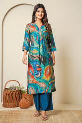 Teal Abstract Printed Muslin Long Kurta