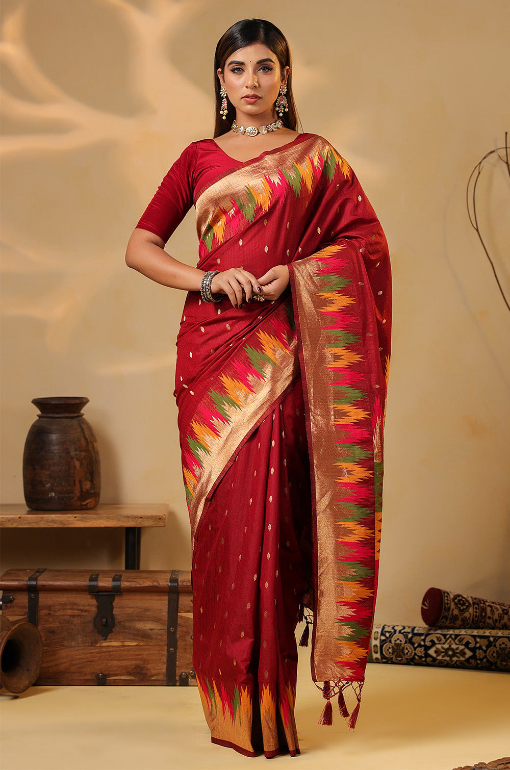 Maroon Cotton Silk Woven Saree