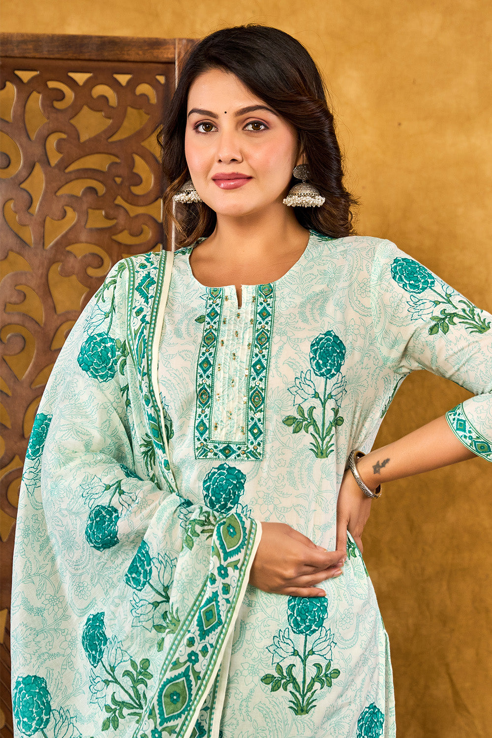 Teal Floral Printed Straight Suit Set