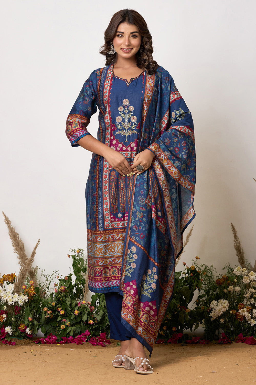 Navy Blue Chanderi Silk Printed Straight Suit