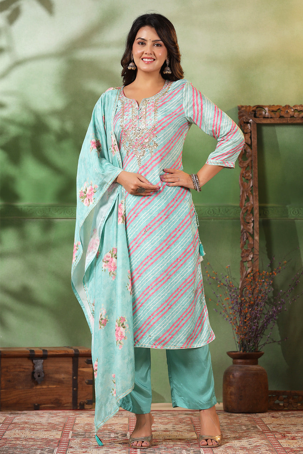 Mint Green Color Leheria Printed Muslin Suit
